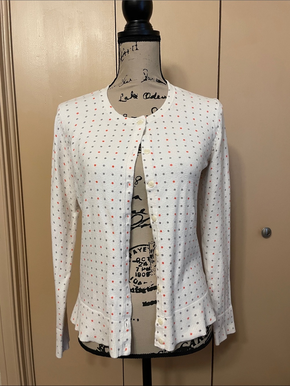 Merona White Cardigan with Pink and Gray Polka Dots